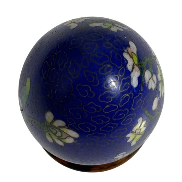 Blue Floral Lotus Cloisonné Decorative Egg Brass Cloud Background + Wooden Stand - Picture 5 of 7